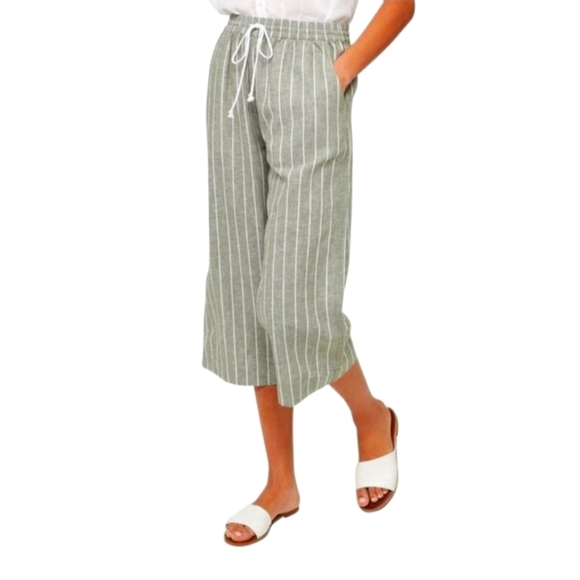 beachlunchlounge Pants - BeachLunchLounge Margo Green Striped Linen/Cotton Blend Cropped Wide Leg Pants L